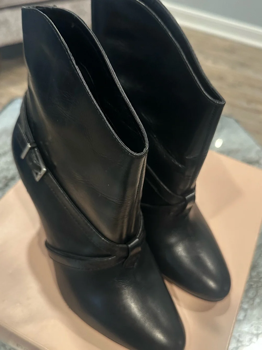 BCBG Black Leather Pointed-Toe Ankle Booties with Buckle Strap - Picture 4 of 7